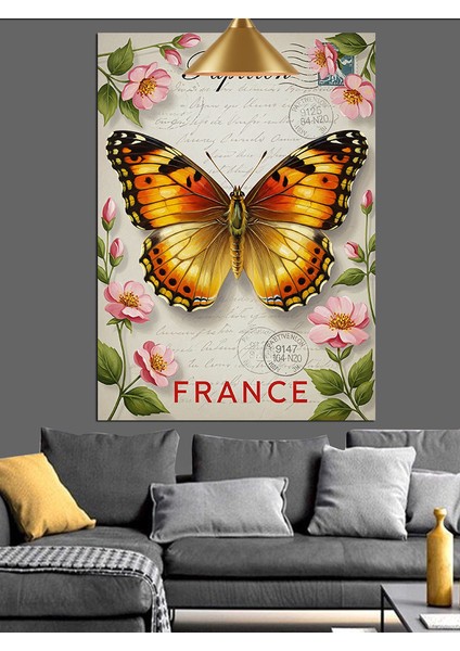 Kelebek ve Çiçek Motifli Fransa Mektup Kağıdı Dekoratif Kanvas - Mdf Ahşap Tablo modelleri