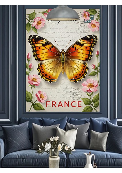 Kelebek ve Çiçek Motifli Fransa Mektup Kağıdı Dekoratif Kanvas - Mdf Ahşap Tablo fırsatları