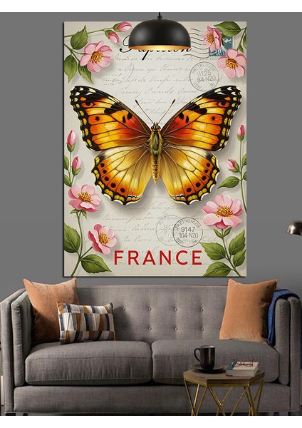 Kelebek ve Çiçek Motifli Fransa Mektup Kağıdı Dekoratif Kanvas - Mdf Ahşap Tablo indirimleri