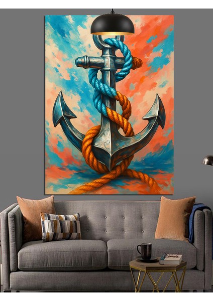 Çapa ve Halat, Mavi ve Turuncu Dekoratif Kanvas - Mdf Ahşap Tablo