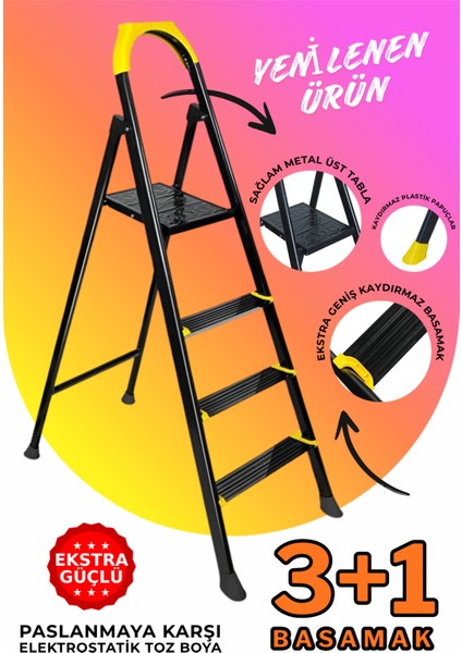 Ze Hardy 3+1 Basamaklı Özel Tasarım Hafif Merdiven (Kaymaz Papuçlu) Paslanmaz