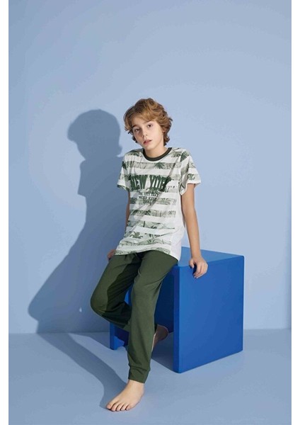 Erkek Çocuk New York T-Shirt Uzun Alt Penye Süprem Bisiklet Yaka Orta Kalın Pijama TAKIMI-4004