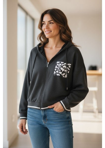 Kadın Büyük Beden Ikiiplik Fermuarlı Kapüşonlu Sweatshirt