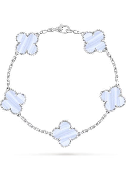 Vintage Alhambra Bileklik, 5 Motif Yonca 925 Ayar Gümüş, Mavi Kalsedon Taşlı