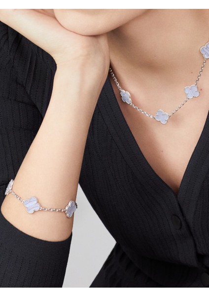 Vintage Alhambra Bileklik, 5 Motif Yonca 925 Ayar Gümüş, Mavi Kalsedon Taşlı fiyatları