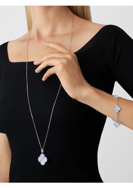 Vintage Alhambra Bileklik, 5 Motif Yonca 925 Ayar Gümüş, Mavi Kalsedon Taşlı modelleri