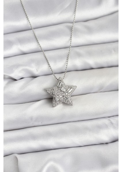316L Çelik Zincir Gümüş Renk Zincirli Gümüş Yıldız Model Kadın Kolye