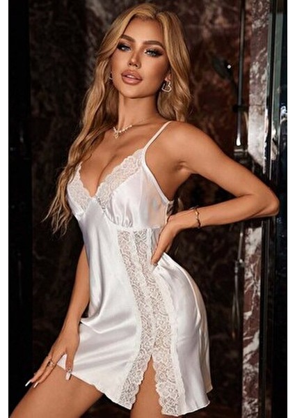 Kadın Dantelli Yırtmaçlı Saten Gecelik Şık Tasarım 90% Polyester 10% Likra