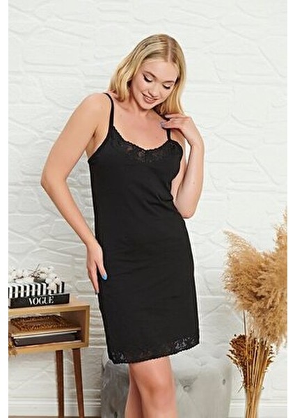 Kadın Dantel Etekli Siyah Penye Gecelik İnce Askılı Mini Tasarım modelleri