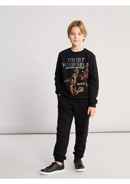 Lcw Kids Siyah Bisiklet Yaka Baskılı Erkek Çocuk Eşofman Takım