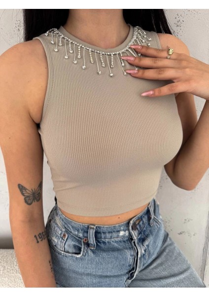 Fitilli Kaşkorse Yakası Zincirli Atlet Vizon