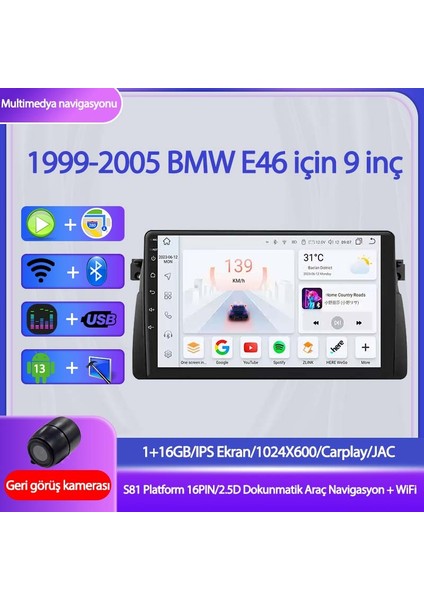1999-2005 Bmw E46 Için 1+16GB, 9 Inç Gps & Carplay Destekli, Kameralı Multimedya Navigasyon Sistemi