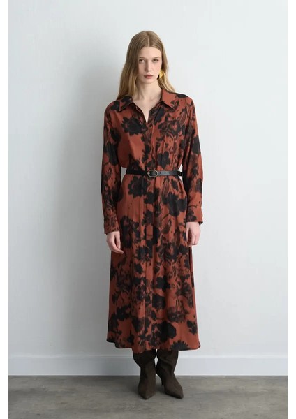 Desenli Uzun Gömlek Elbise - Kiremit