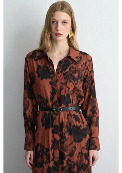 Desenli Uzun Gömlek Elbise - Kiremit fiyatları