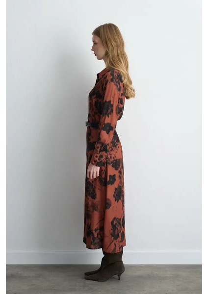 Desenli Uzun Gömlek Elbise - Kiremit modelleri