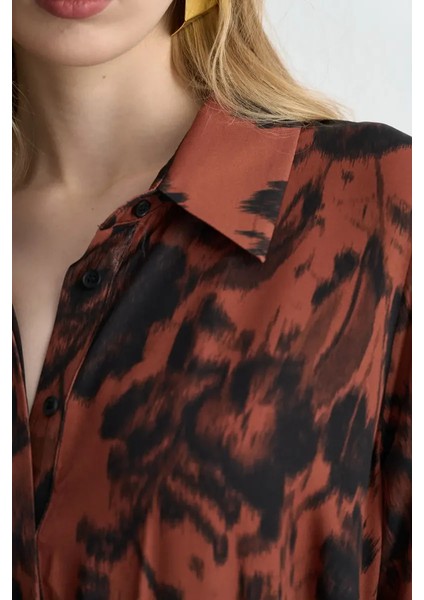 Desenli Uzun Gömlek Elbise - Kiremit fırsatları