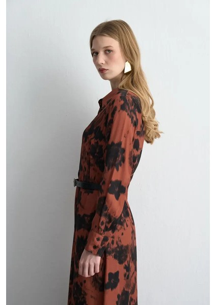 Desenli Uzun Gömlek Elbise - Kiremit indirimleri