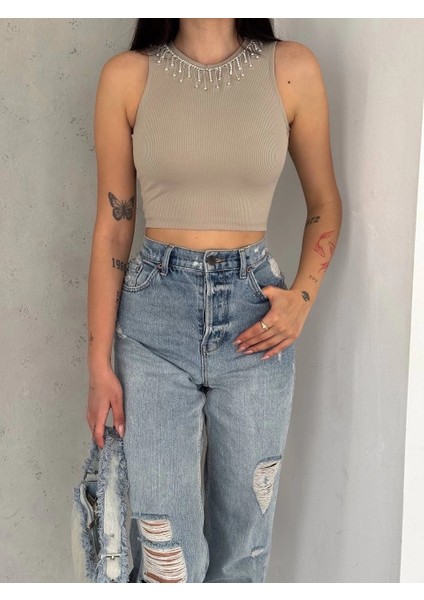 Fitilli Kaşkorse Yakası Zincirli Atlet Vizon