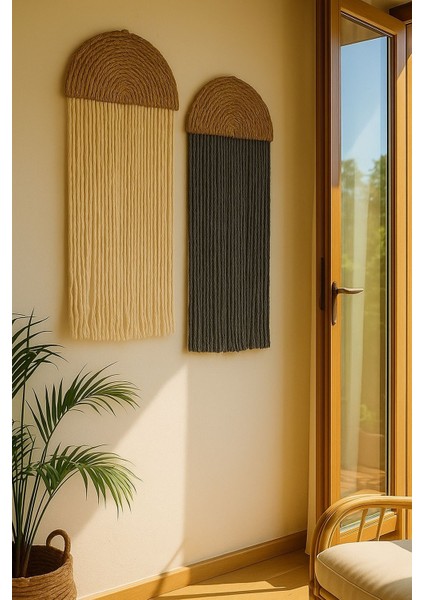 Ikıli Bambu Makrome Duvar Dekorasyonu El Yapımı Bohem Tarz,hediyelik (35 x 75 cm )