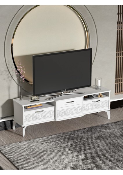 Tv Sehpası Tv Ünitesi 160 cm Gümüş Beyaz Mistral 5073