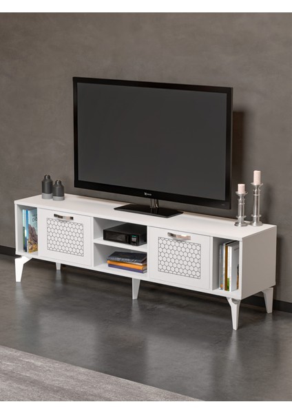 Tv Sehpası Tv Ünitesi Beyaz Gümüş 160 cm Linya 5043