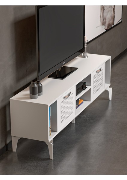 Tv Sehpası Tv Ünitesi Beyaz Gümüş 160 cm Linya 5043