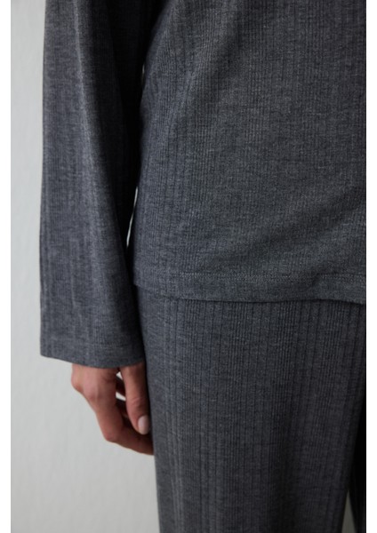 Gri Melanj Fitilli Gömlek Yaka Uzun Kollu Pijama Takımı