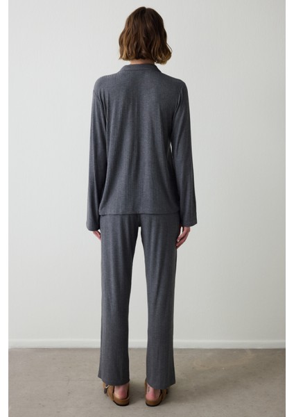 Gri Melanj Fitilli Gömlek Yaka Uzun Kollu Pijama Takımı