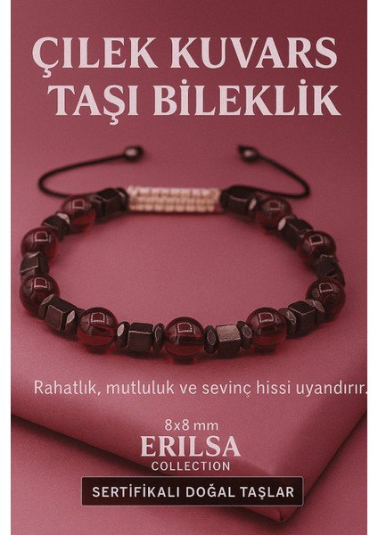 Sertifikalı Çilek Kuvars Doğal Taş Bileklik - 8x8 mm Sevgi Şefkat Umut ve Sevinç Enerjisi Taşı