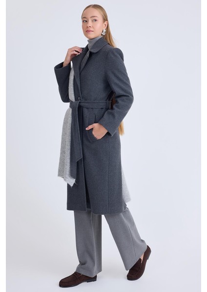 Önden Düğmeli Beli Kuşaklı Uzun Kaşe Kaban indirimleri