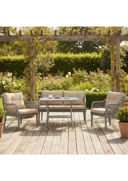 Kaş 2+1+1+Sehpa Bahçe Balkon Mobilyası,Gri Rattan/Bej Kumaş