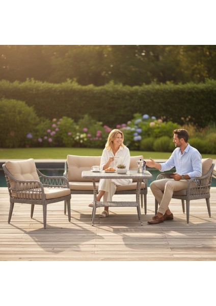 Kaş 2+1+1+Sehpa Bahçe Balkon Mobilyası,Gri Rattan/Bej Kumaş fiyatları