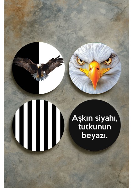 Ev Dekor Oval Pleksi Bardak Altlığı Temalı Desenli 4'lü Set Siyah Beyaz Forma