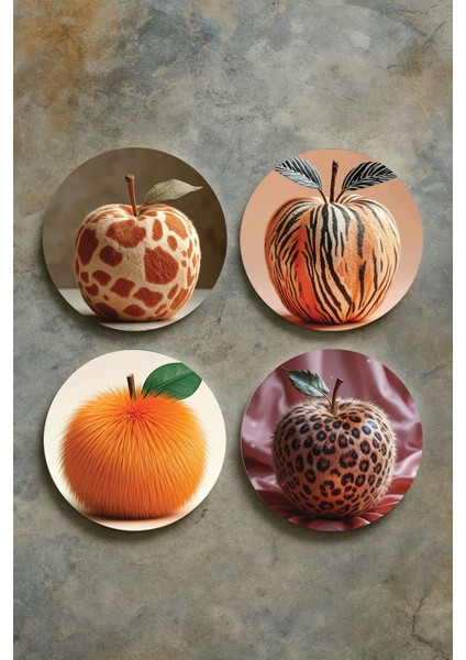 Ev Dekor Oval Pleksi Bardak Altlığı Temalı Desenli 4'lü Set Elma