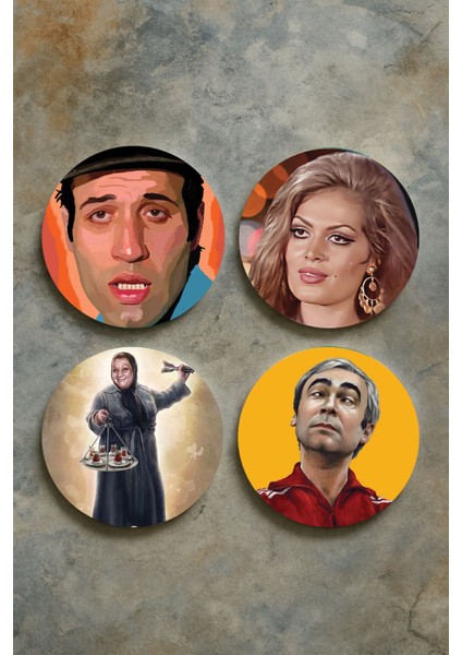 Ev Dekor Oval Pleksi Bardak Altlığı Temalı Desenli 4'lü Set Yeşilçam