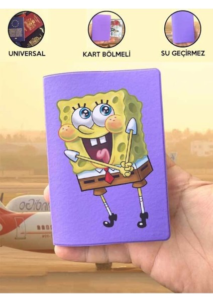 Tüm Ülke Pasaportlarına Uyumlu Süngerbob Mor Vinleks Pasaport Kılıfı Kabı