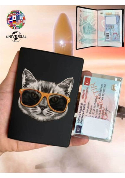 Ikon Kedi Desenli Pürüzsüz Yüzey Deri Pasaport Kılıfı Kabı Tüm Ülke Pasaportlarına Uygun