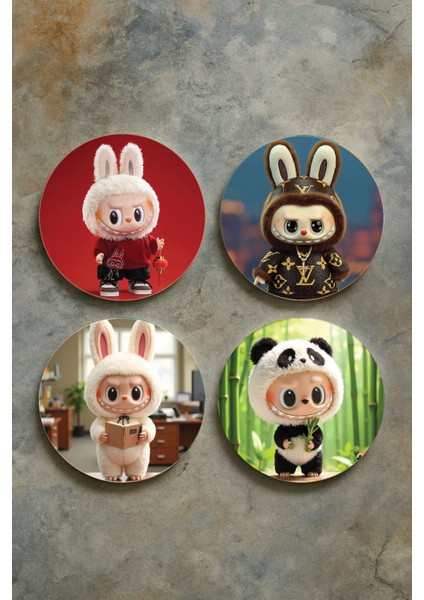 Ev Dekor Oval Pleksi Bardak Altlığı Temalı Desenli 4'lü Set Labububuuu