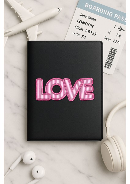 Tüm Ülke Pasaportları Için Siyah Vinleks Deri Pasaport Kılıfı Kabı Pembe Aşk