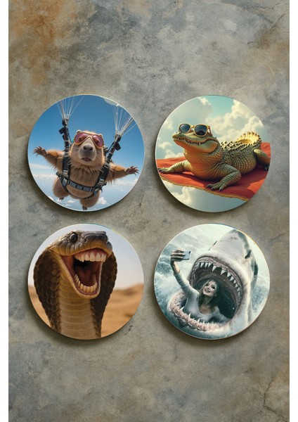 Ev Dekor Oval Pleksi Bardak Altlığı Temalı Desenli 4'lü Set Animal