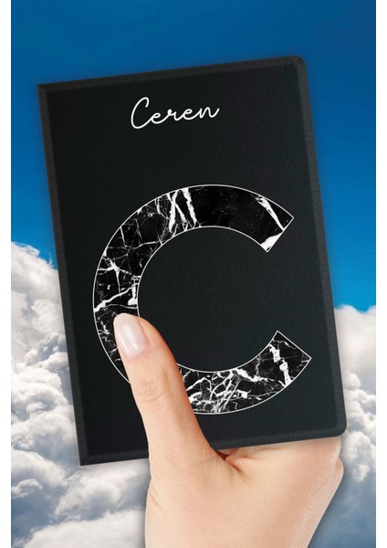 Isim Yazılı Pasaport Kılıfı Desenli Pasaport Kabı Kişiye Özel - C Harfi Mermer