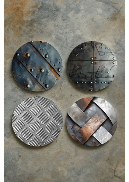 Ev Dekor Oval Pleksi Bardak Altlığı Temalı Desenli 4'lü Set Metal Wall