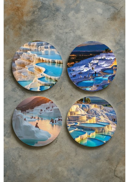Ev Dekor Oval Pleksi Bardak Altlığı Temalı Desenli 4'lü Set Pamukkale