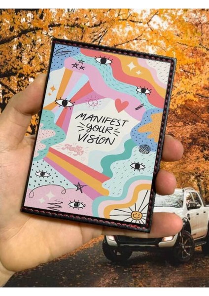 Manifest Your Vision Ruhsat Kabı Logolu Oto Ruhsat Kılıfı Vinleks Deri Dikişli Araç Ruhsat Koruma