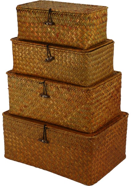 Kapaklı Deniz Otu Depolama Sepetleri, Dokuma Dikdörtgen Sepet Kutuları, Raf Için Hasır Depolama Organizatörü, 4 Set (Yurt Dışından)