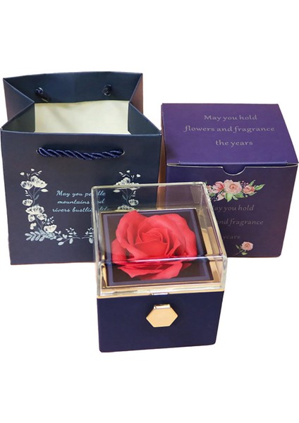 Gül Yüzük Kutusu Dönüyor 360 ° Velvet Takı Kutusu Ebedi Gül Kutusu Sevgililer Günü Romantik Hediyeler Için Anneler Günü, Koyu Mavi (Yurt Dışından)