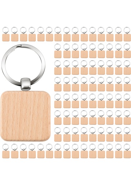 100PCS Diy Boş Ahşap Anahtar Zinciri Kare Oyma Anahtar Halka Ahşap Anahtar Yüzük Yaklaşık 40 x 40 mm (Yurt Dışından)