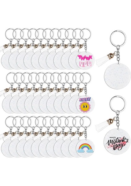 40PIECES Akrilik Anahtarlık Boşlukları Püsküllü ve Anahtar Halkalar 2 Inç Yuvarlak Parıltı Dıy Anahtar Zanaat ve Sanat Için Akrilik (Yurt Dışından)