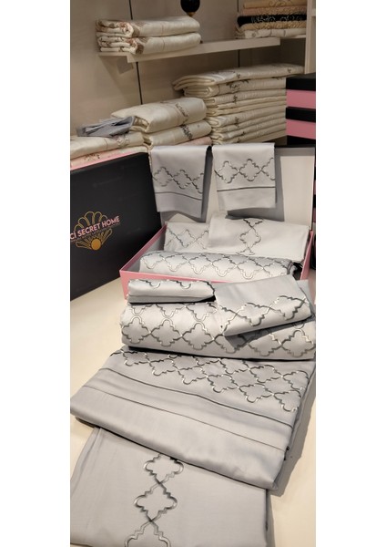 %100 Pamuk Saten Nakış Işlemeli Nevresim Takımı - Çift Kişilik // 6 Parça / Zarif Çeyiz Takımı,