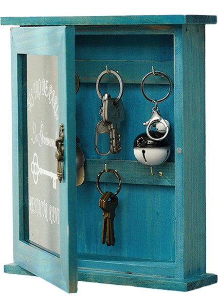 Ahşap Anahtar Kutusu, Retro, Duvar, Manyetik Kapılı Anahtar Dolap, 6 Kancalı Dayanıklı Maddi Ahşap Depolama-Mavi (Yurt Dışından)